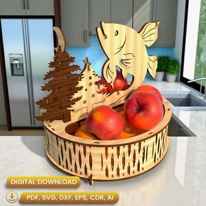 Wooden Round Fruit Basket, Fruit Basket Svg, Home Decor Svg, Gift Basket Svg, Laser Cut Basket, Christmas Gift, Decorative Basket |#N071