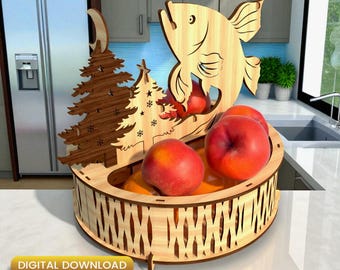 Corbeille de fruits en bois découpée au laser SVG, panier-cadeau décoratif (téléchargement numérique)