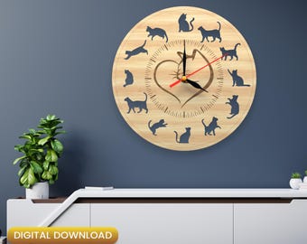 Laser Round Wooden Cat Wall Clock, Volleyball, Digital Clock File, Clock Svg, Wall Clock Gift, Personalized Gift, Wall Clock Laser |#N092