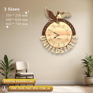 May include: Wooden wall clock featuring an eagle with an American flag, the words "UNITED STATES", and the date "1776". The clock has a light wood face with black numerals and hands. Available in 3 sizes: 13.8 x 9.8 inches, 19.7 x 24.4 inches, and 36.2 x 28.3 inches.