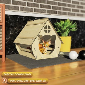 Cat home laser cut, Pet House svg, Cat House laser cut, Gifts for Pets, Cnc cat House, pet home svg |#N012