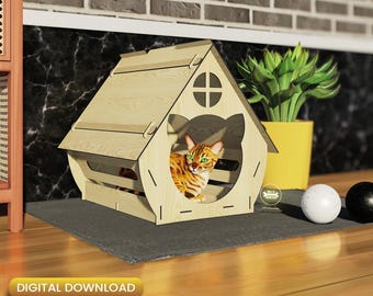 Casa para gatos cortada con láser, hogar para mascotas SVG (descarga digital)