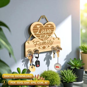 Stylish Key Hanger for Family Laser Cut, Personalized Gift, Home Key Holders, Key Holder Svg, Wall Key Hanger, Key Organizer Svg |#N057