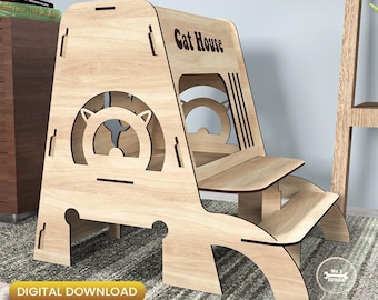 Casa para gatos cortada con láser, hogar para mascotas SVG (descarga digital)