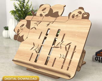 Regulowany uchwyt na tablet w kształcie pandy (SVG), drewniany prezent, uchwyt na tablet, wycinany laserowo (SVG), akcesoria do laptopów, stojak na tablet (SVG) |#N044