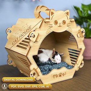 Hexagon Wooden Cat House Laser Cut, Gifts for Pets, Pet House Svg, Cat House Svg, Pet House Plywood, Pet Home Svg, Cat Bed Laser |#N055