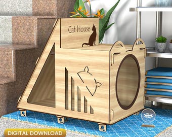 Casa para gatos cortada con láser en formato SVG, plano para casa de mascotas CNC (descarga digital)