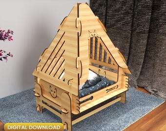 Archivo de corte láser para casita de gatos triangular, cama para mascotas de madera contrachapada (descarga digital)