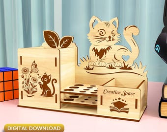 Cute cat pen holder for kids laser cut file, pencil box svg, cnc pencil holder, custom teacher gift, back to school laser |#N043