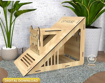 Casa triangular para gatos en formato DXF y SVG, archivo para corte láser (descarga digital).