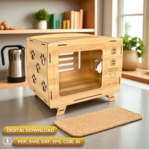 May include: A wooden cat house with paw prints, a cat silhouette, and a woven mat. The cat house has a rectangular shape with a clear front and a microwave-like design. The text "DIGITAL DOWNLOAD" and file type options are also visible.