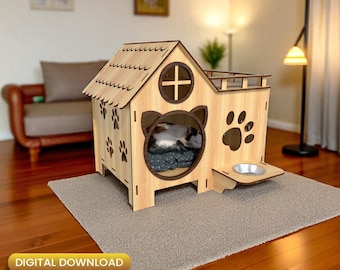 Moderna casa de madera para gatos con láser, regalos para mascotas, casa para mascotas SVG, casa para gatos SVG, casa para mascotas de madera contrachapada, casa para mascotas SVG, cama para gatos con láser /#N064