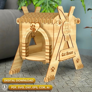 Unique Wooden Cat House Laser Cut, Gifts for Pets, Pet House Svg, Cat House Svg, Pet House Plywood, Pet Home Svg, Cat Bed Laser |#N054