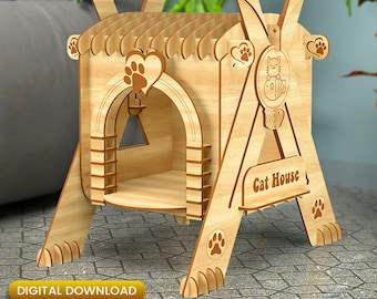 Casa para gatos de madera cortada con láser en formato SVG, planos de caseta para mascotas de madera contrachapada (descarga digital)