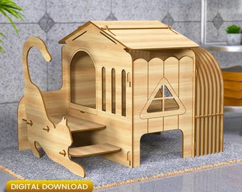 Casa moderna para gatos con escaleras, planos de madera contrachapada cortada con láser (descarga digital)