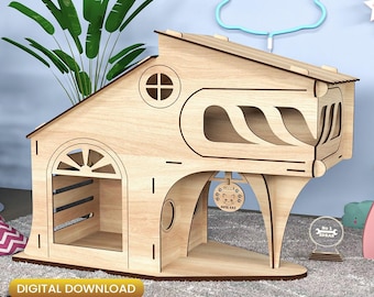 May include: A wooden cat house with a multi-level design. The house features a round window, arched doorway, and a sign that says "Cute Cat". The design includes cut-out details and is made from light-colored wood. The words "Digital Download" and file types are also visible.