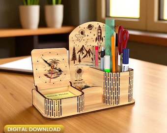 Laser Cut Space Pen Holder and Clock, Back to School, Gift, Desk Storage, Laser Pen Holder, Office Organizer, Laser Pencil Holder |#N111