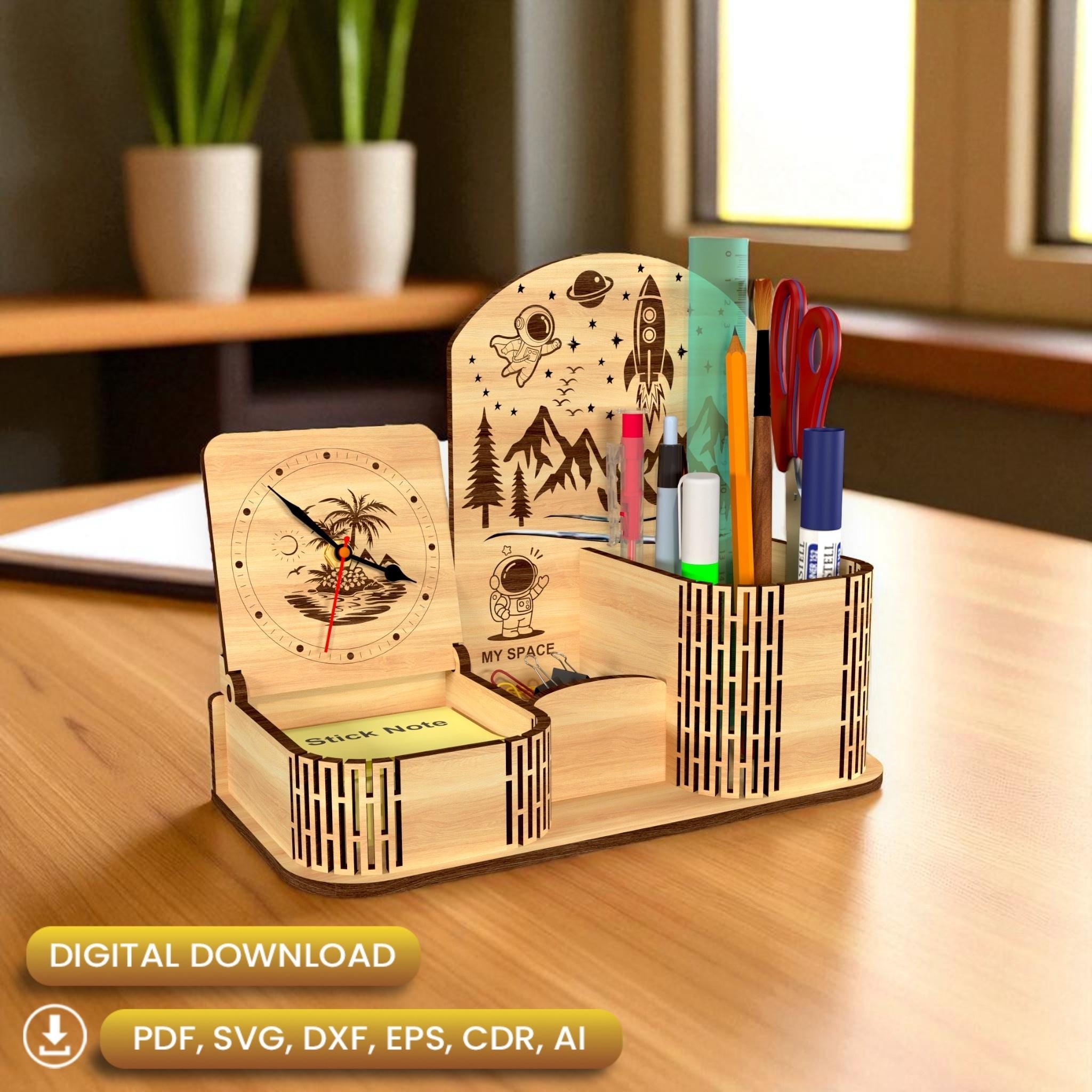 レーザーカットのスペースペンホルダーと時計、新学期、ギフト、デスク