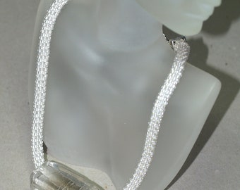 Ice Queen / Bead Crochet Necklace / Silver Beads and Chunky Glass Focal / Silver-Toned Loop & Toggle / OOAK / Bold Statement Necklace