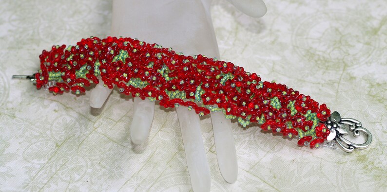 Crimson Flowers / Caterpillar Beadwoven Bracelet / Lime Green Fringes and Red Flower Beads / OOAK / Silver Toned Clasp / Beaded Jewelry image 3