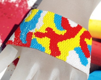 Hide in Plain Sight / Peyote Bracelet Beadwoven Cuff / Primary Colors Camouflage / Red, Yellow, Blue, White Beads / Colorful Jewelry