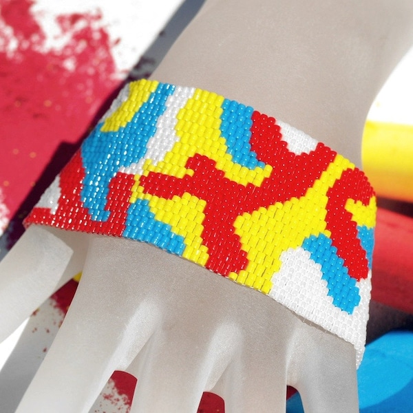 Hide in Plain Sight / Peyote Bracelet Beadwoven Cuff / Primary Colors Camouflage / Red, Yellow, Blue, White Beads / Colorful Jewelry