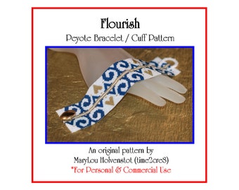 FLOURISH Peyote Cuff Pattern - Odd Count Three Color Design Single Peyote Beadweaving Seed Bead Jewelry Tutorial Hearts Swirls Feminine