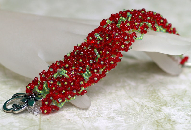 Crimson Flowers / Caterpillar Beadwoven Bracelet / Lime Green Fringes and Red Flower Beads / OOAK / Silver Toned Clasp / Beaded Jewelry image 5