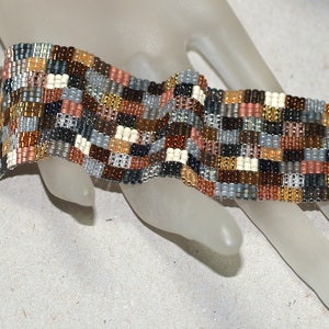 Patchwork Mine / Beadwoven Peyote Cuff Bracelet / Geometric Quilt Design / Silver, Gold, Bronze Metallic Beads / Quilter Gift / Gift for Mom image 4