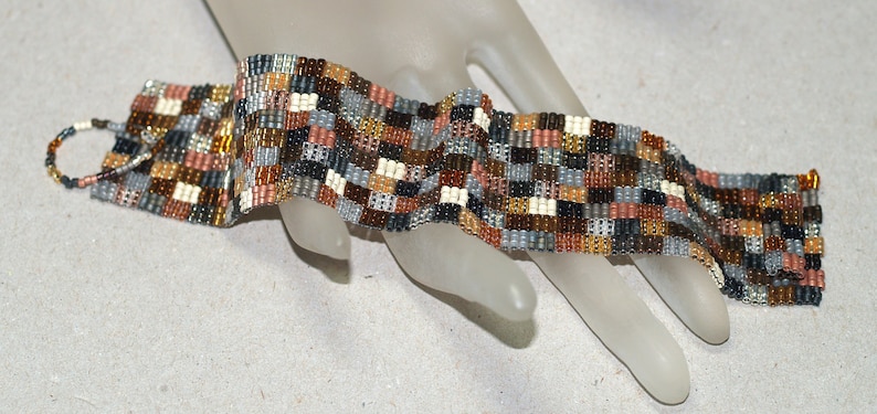 Patchwork Mine / Beadwoven Peyote Cuff Bracelet / Geometric Quilt Design / Silver, Gold, Bronze Metallic Beads / Quilter Gift / Gift for Mom image 4