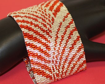 To and Fro / Peyote Cuff Bracelet / Bright Cherry Red and Galvanized Silver Bead Jewelry / Radiating Rays Design / Beaded Beadwoven Bracelet