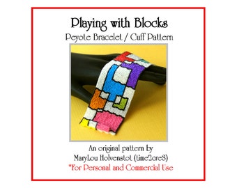 BRINCADEIRA COM BLOCOS Padrão de punho largo de peiote Tutorial de joias de miçangas Quadrados de arte moderna inspirados em Mondrian Design multicolorido de contagem uniforme