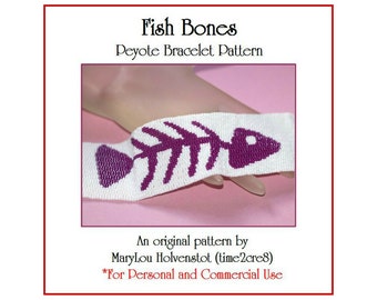 FISH BONES Peyote Cuff Bracelet Pattern  / Beadwoven Jewelry Tutorial / PDF Digital Download / 3 for price of 2 / Skeleton Animal Fish