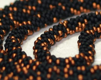 Copper and Coal / Bead Crochet Rope Necklace or Bracelet / Matte Jet Black and Metallic Dark Copper Beads / Unisex Jewelry / Beaded Necklace