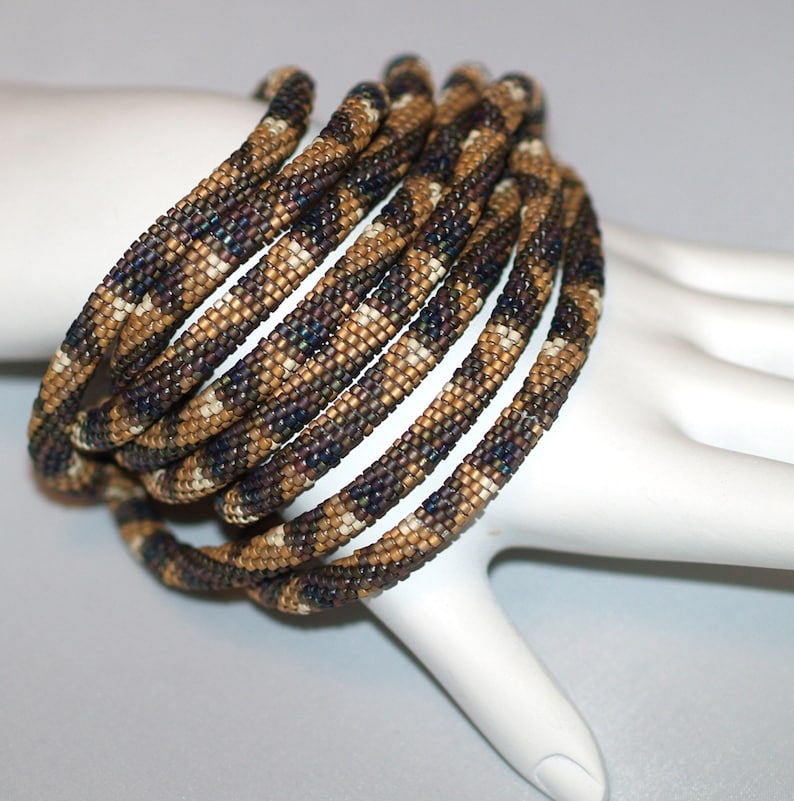 Magnificent Matte Bead Crochet Rope Necklace 22K Gold /& Multi Metallic Beads Snakelike Geometric Triangle Pattern Beaded Jewelry