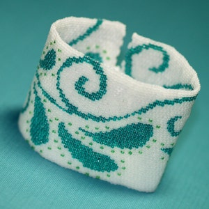 Paisley / Wide Peyote Bead Cuff Bracelet / White, Teal, Turquoise, Lime Green / Vine Leaf Beaded Design image 1