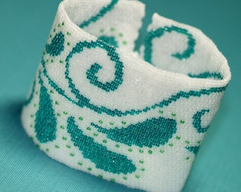 Paisley / Wide Peyote Bead Cuff Bracelet / White, Teal, Turquoise, Lime Green / Vine Leaf Beaded Design