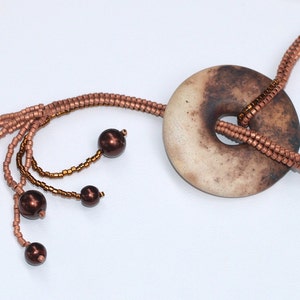 Lalita / Beadwoven Necklace with Smoke Fired Clay Donut Focal Pendant / Copper Beads and Faux Pearls / Earthy Colors / Ndebele Necklace image 5