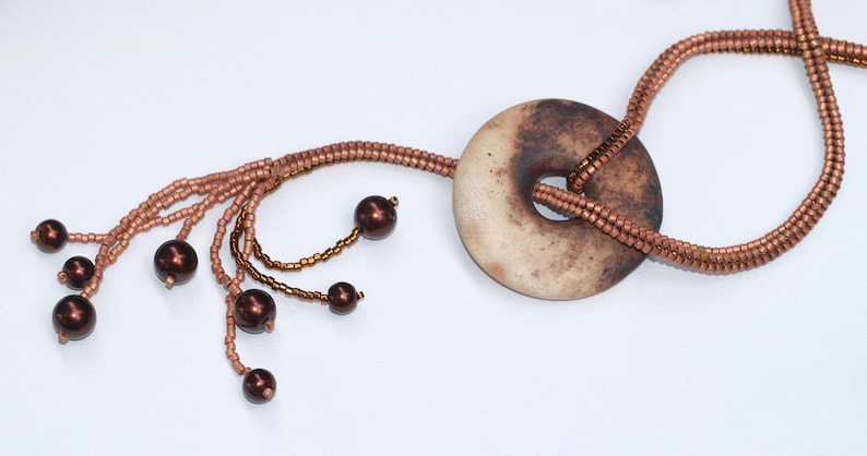 Lalita / Beadwoven Necklace with Smoke Fired Clay Donut Focal Pendant / Copper Beads and Faux Pearls / Earthy Colors / Ndebele Necklace image 5