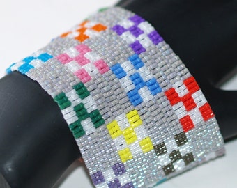 Nine-Patch Quilt / Wide Peyote Beadwoven Cuff Bracelet / Multicolor Bead Cuff / Colorful Patchwork Quilt Design / Beaded Cuff Bracelet