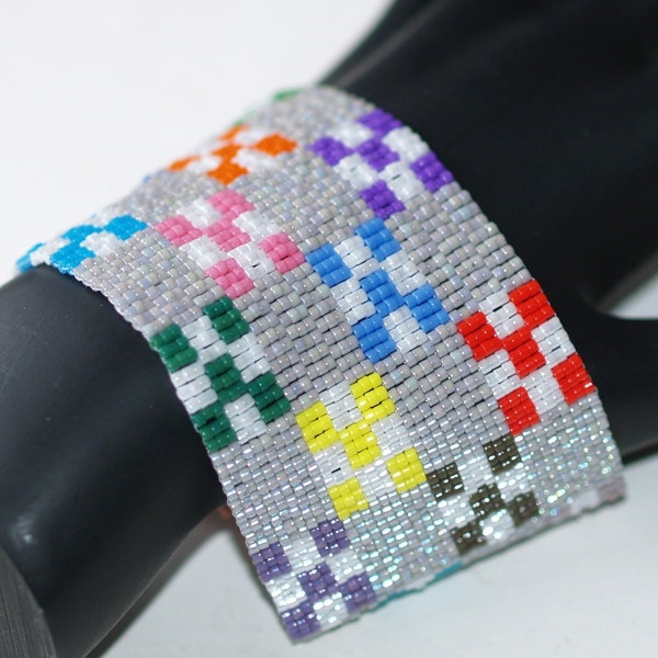 Nine-Patch Quilt / Wide Peyote Beadwoven Cuff Bracelet / Multicolor Bead Cuff / Colorful Patchwork Quilt Design / Beaded Cuff Bracelet