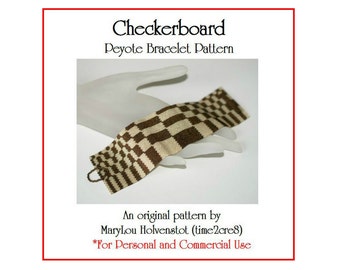 CHECKERBOARD Peyote Cuff Pattern - Beadwoven Jewelry Tutorial Optical Illusion Squares Modern Art Checks Bold Two Color Even Count Download