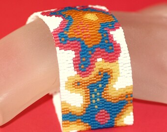 The Three Amoebas / Beadwoven Peyote Bracelet Cuff / Biology Gift / Biologist Jewelry / Beaded Jewelry / Yellow, Orange, Raspberry, Blue