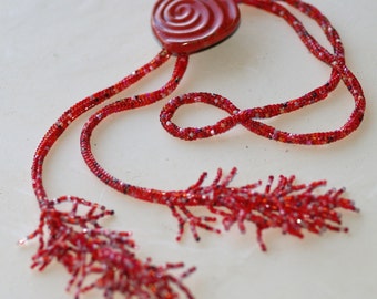 Heart on a String / Long Fringed Lariat with Raku Button Focal / Gift for Woman / Red, Crimsom, Scarlet, Rose, Apple / Handmade OOAK Jewelry