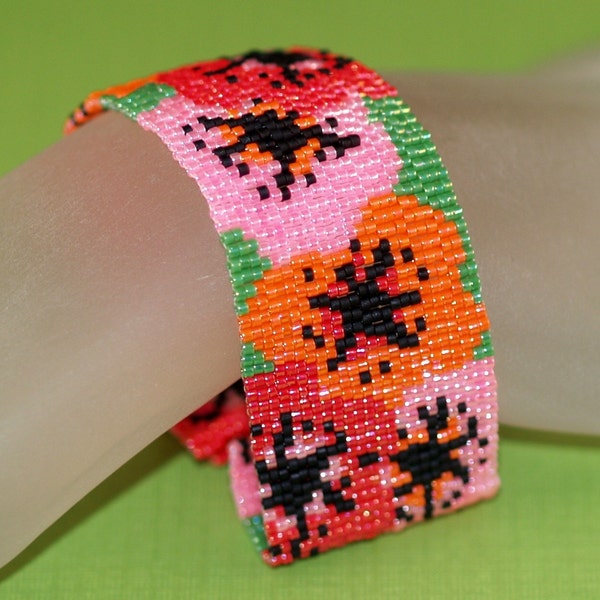 Poppies / Floral Peyote Bracelet Beadwoven Cuff / Gardener Garden Gift / Red, Orange, Pink, Green Poppy Flowers / Mothers Day Gift