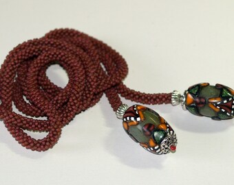 Rhiannon / Long Bead Crochet Lariat Necklace  / Autumn Colors  / Polymer Clay Focal Beads / Czech Glass Bead Crochet / Beaded Jewelry