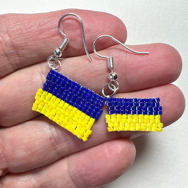 STAND WITH UKRAINE Beadwoven Ukrainian Flag Earrings - Peyote Stitch Blue and Yellow - proceeds donated to Ukrainian aid organizations