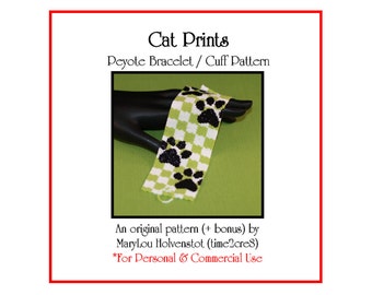 CAT PRINTS Peyote Bracelet Pattern - Beadwoven Jewelry Tutorial Checks Pawprints Feline Pet Lover Even Count Three Colors Bonus Design