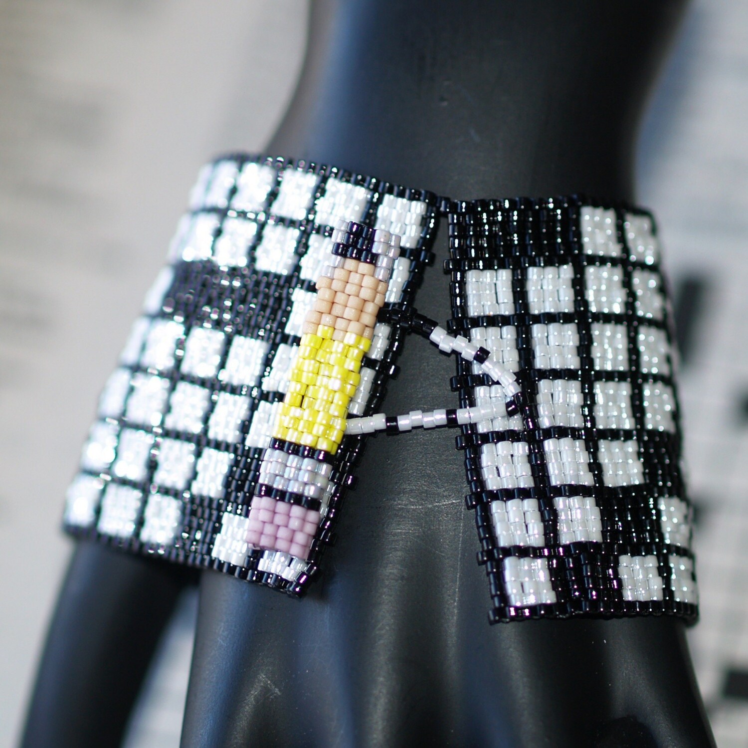 Crossword Puzzle / Peyote Bracelet Beadwoven Cuff / Black and White