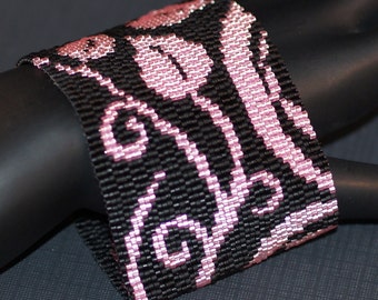 Leaves and Swirls / Wide Peyote Cuff Bracelet / Frosty Pale Pink, Matte Jet Black / Pink Leaves on Black Background / Beaded Cuff Bracelet